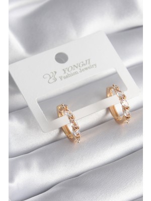 Pirinç Gold Renk Arpa Zirkon Taşlı Halka Model Kadın Küpe - Lisinya