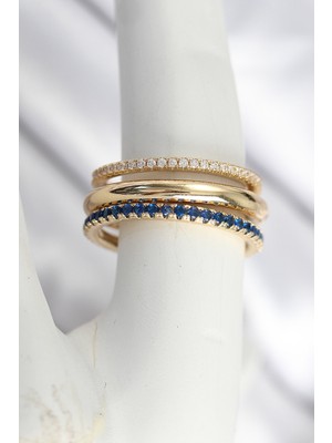 Pirinç Gold Renk Zirkon Taşlı 3'lü Kadın Yüzük - Lisinya