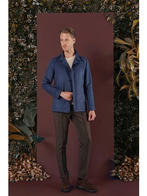 Efor Erkek Slim Fit Mavi Süet Görünümlü Kaban KA 080 Uzun Kol Polyester Düz Desenli