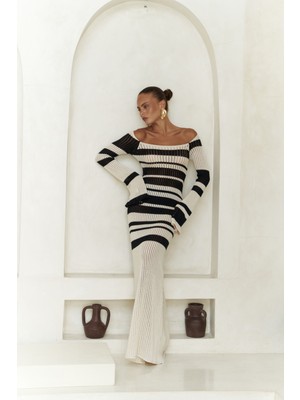 Wora Çizgili Triko Bej Uzun Elbise