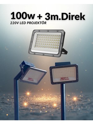 Aydınlatma Direği 100W Led Projektör 220v + 3m. Montaja Hazır Sokak Aydınlatma Lamba Direği