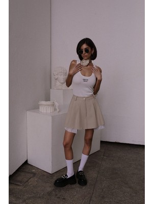Mai Rina Pileli Bej Mini Etek