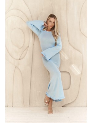 Bohemai Angela Sırt Dekolteli Mavi Triko Elbise