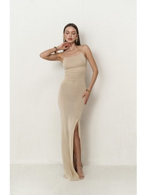 Bohemai Cintia Sırt Dekolteli Bej Triko Elbise