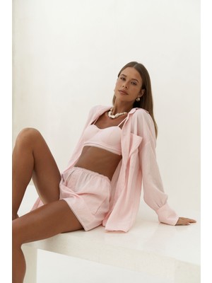 Mai Leda Dantel Detay Şortlu Pembe Üçlü Takım