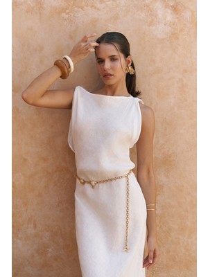 Barabla Kolsuz Uzun Beyaz Keten Elbise