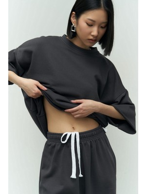 Mai Antrasit Oversize T-Shirt Yırtıklı Eşofman Takım