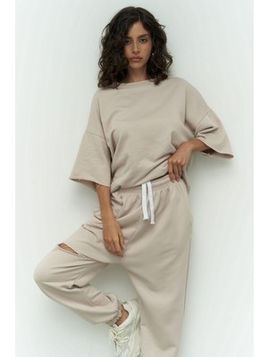 Mai Kemik Oversize T-Shirt Yırtıklı Eşofman Takım