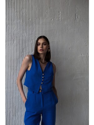 Bohemai Clover Saks Mavi Müslin Yelek-Pantolon Takım