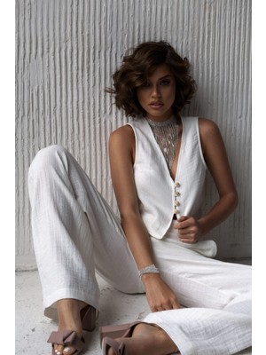 Bohemai Clover Beyaz Müslin Yelek-Pantolon Takım