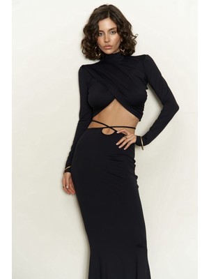 Mai Kelsey Ip Detay Siyah Crop Etek Takım