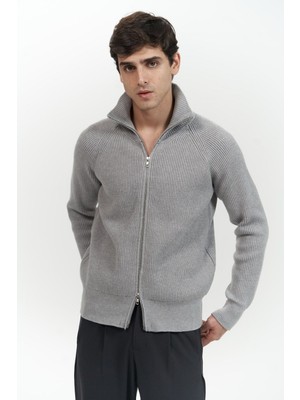 Mai Brock Tam Fermuarlı Gri Erkek Triko Kazak