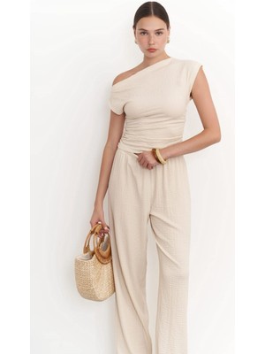 Mai Sona Bej Asimetrik Bluz Pantolon Takım