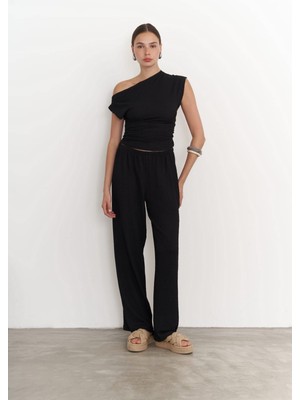 Mai Sona Siyah Asimetrik Bluz Pantolon Takım