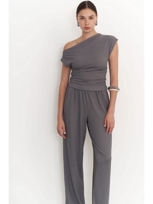 Mai Sona Füme Asimetrik Bluz Pantolon Takım