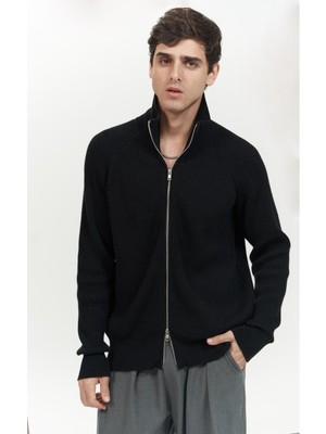 Mai Brock Tam Fermuarlı Siyah Erkek Triko Kazak