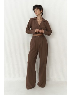 Bohemai Estila Kahve Crop Pantolon Takım