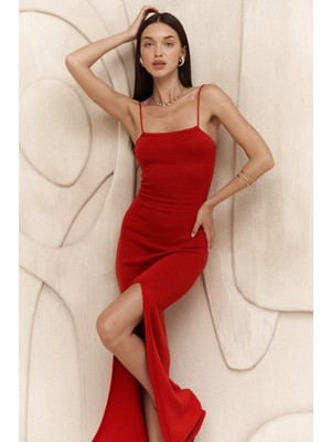 Bohemai Cintia Sırt Dekolteli Kırmızı Triko Elbise