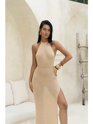 Bohemai Nessi Dekolteli Karamel Ince Triko Elbise