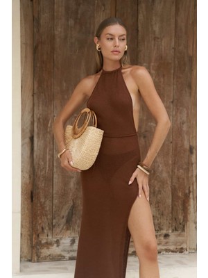 Bohemai Nessi Dekolteli Kızıl Kahve Ince Triko Elbise