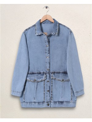 Yaka ve Ceplerinde Taş Işlemel Kot Ceket -Buz Mavi