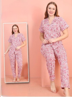 Önü Düğmeli V Yaka Kısa Kollu Pijama Takımı -Pembe