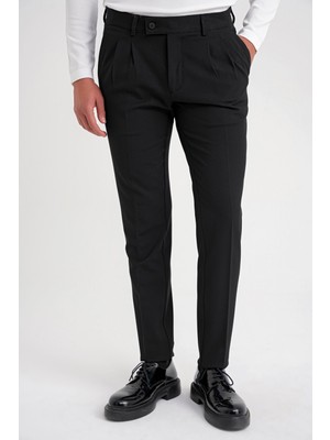 Efor Erkek Comfort Fit Pileli Rahat Kalıp Yünlü Kumaş Siyah Pantolon P 1205