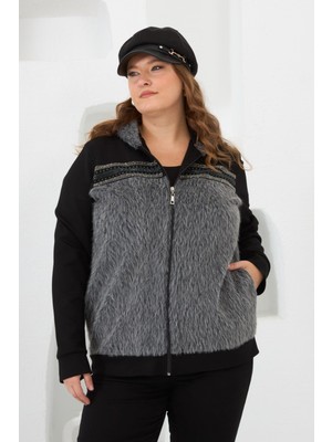 Kaşe Garnili Taşlı Büyük Beden Eşofman Üstü Siyah