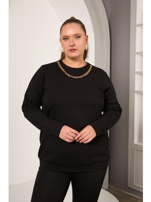 Yaka Zincir Detaylı Büyük Beden Sweatshirt Siyah