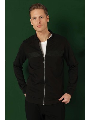 Efor Slim Fit Hakim Yaka Önü Taş Baskılı Siyah Mont MT 170