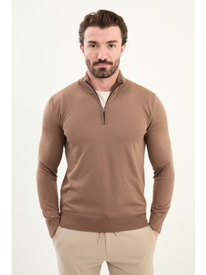 Düz Slim Fit Fermuarlı Yarım Balıkçı Erkek Triko Kazak