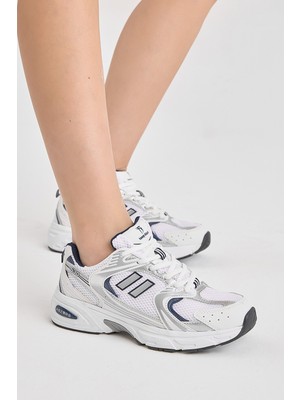 Tonny Black Kadın Beyaz Lacivert Yüksek Faylon Taban Fileli Desenli Spor Ayakkabı