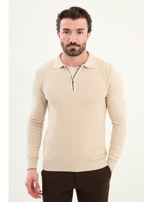 Desenli Slim Fit Polo Yaka Fermuarlı Yün Erkek Triko Kazak