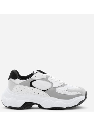 Tonny Black Kadın Gri Beyaz Rahat Kalıp Yüksek Taban Bağcıklı Spor Ayakkabı