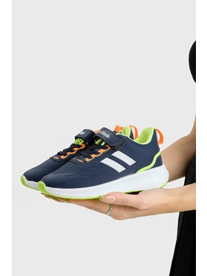 Tonny Black Çocuk Unisex Lacivert Eva Taban Yanı Şeritli File Detaylı Cırtlı Spor Ayakkabı