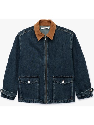 Uzun Kollu Kadife Yaka Detaylı Cepli Fermuarlı Denim Ceket