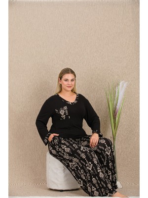 Umestyle Lady Lingerie&homwear Büyük Beden Siyah Desenli Ikili Pijamatakımı