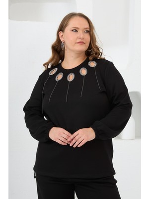 Yaka Detaylı Kol ve Eteği Büzgülü Büyük Beden Sweat Siyah