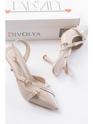 Pony Bej Rugan ( 8 cm Topuklu ) Sivri Burun Kapalı Tokalı Arkası Açık Stiletto Ayakkabı