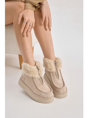 Tonny Black Kadın Bej Kalın Taban Kürklü Önü Fermuarlı Süet Bot