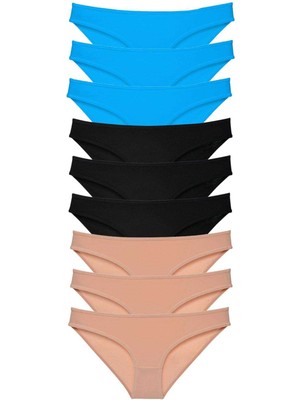 9 Adet Süper Eko Set Likralı Kadın Slip Külot Siyah Ten Mavi