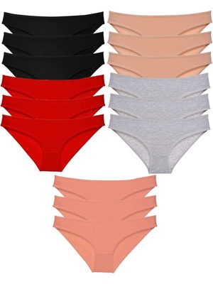 15 Adet Süper Eko Set Likralı Kadın Slip Külot Siyah Kırmızı Ten Gri Pudra
