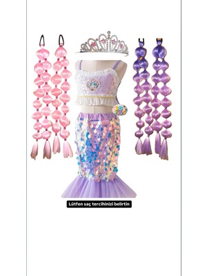 Deniz Kızı Kostüm Elbise Deniz Kızı Etek Deniz Kızı Bubble Saç (Mor-Pembe) Deniz Kızı Taç
