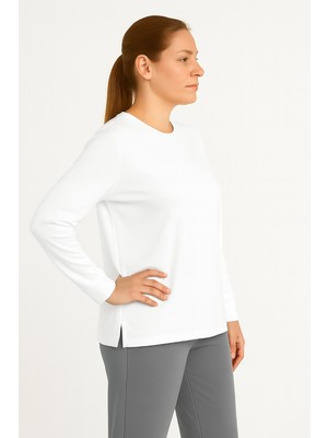 Kadın Belinda Basic Uzun Kollu Ince O Yaka Pamuk T-Shirt Beyaz