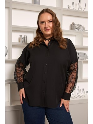 Kol Dantel Detaylı Büyük Beden Gömlek Siyah
