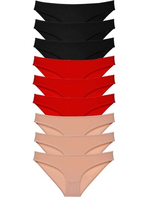 9 Adet Süper Eko Set Likralı Kadın Slip Külot Siyah Kırmızı Ten