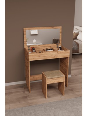 DF02113 Kapaklı Aynalı Bölmeli Puflu Makyaj Masası