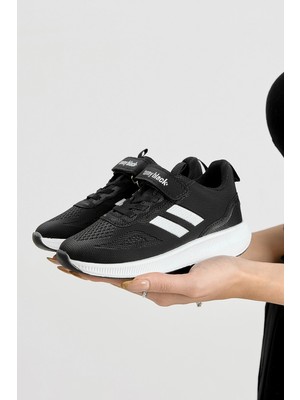 Tonny Black Çocuk Unisex Siyah Beyaz Eva Taban Yanı Şeritli File Detaylı Cırtlı Spor Ayakkabı