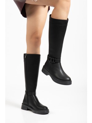 Tonny Black Kadın Siyah Cilt Kalın Termo Taban Tokalı Fermuarlı Çizme