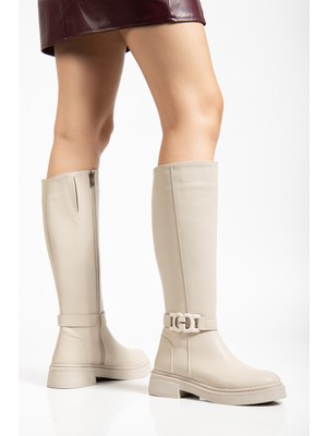 Tonny Black Kadın Bej Cilt Kalın Termo Taban Tokalı Fermuarlı Çizme
